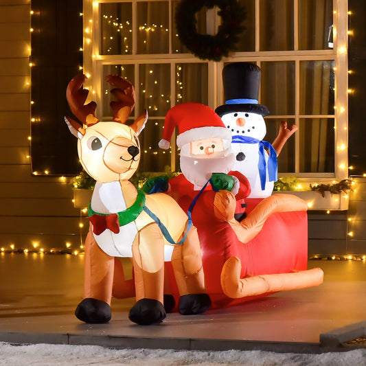 HOMCOM 6.5ft Christmas Inflatable Santa Claus on Sleigh Deer in Red and Yellow