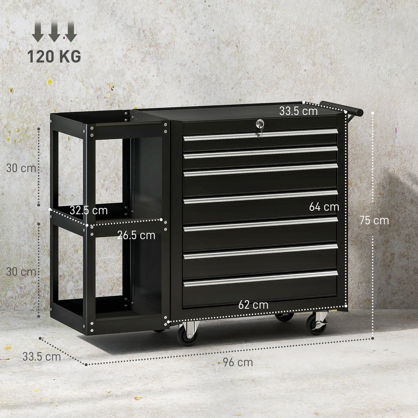 HOMCOM Lockable Steel Tool Chest on Wheels, 7 Drawer Tool Box with Handle for Workshop, Garage, Black