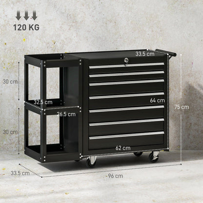 HOMCOM Lockable Steel Tool Chest on Wheels, 7 Drawer Tool Box with Handle for Workshop, Garage, Black
