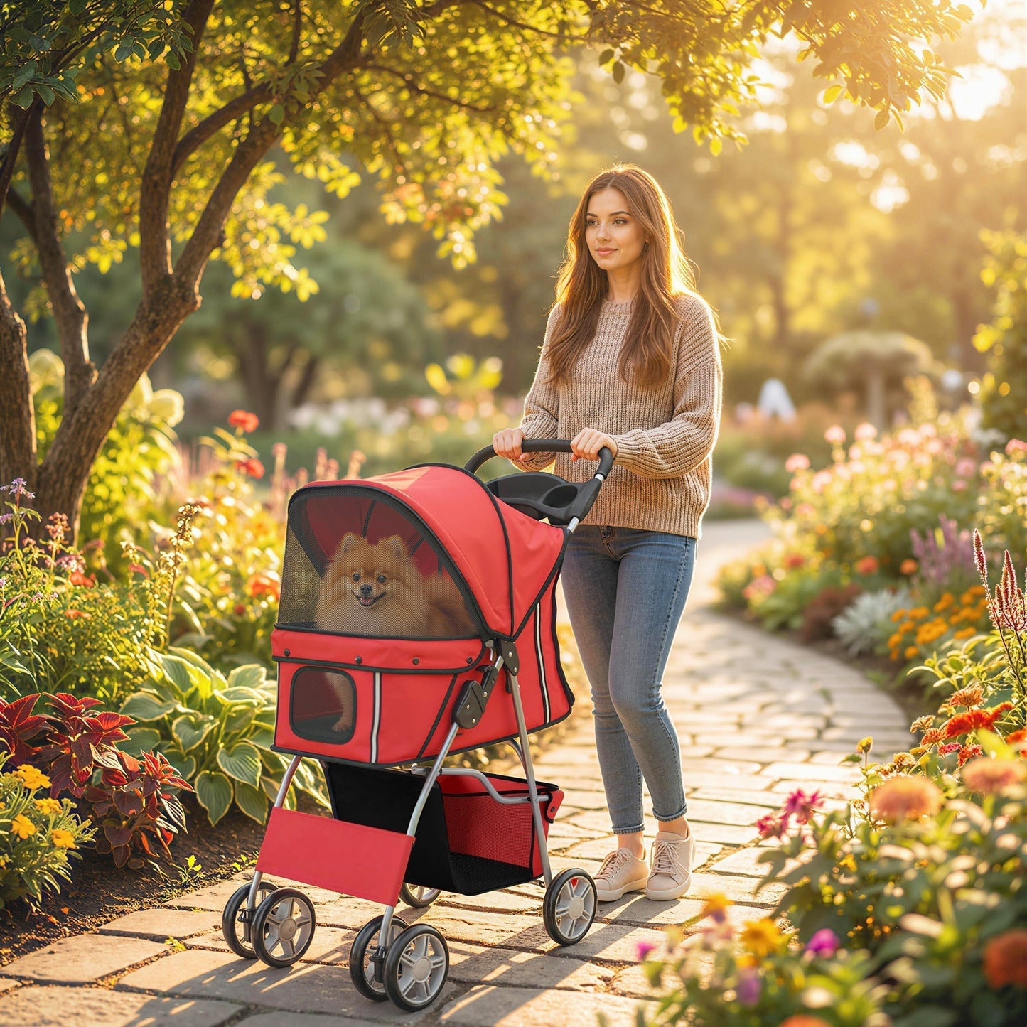 PawHut Dog Pram, Pet Stroller with Reflective Strips, Foldable Cat Stroller with 360 degrees Swivel Wheels, Red