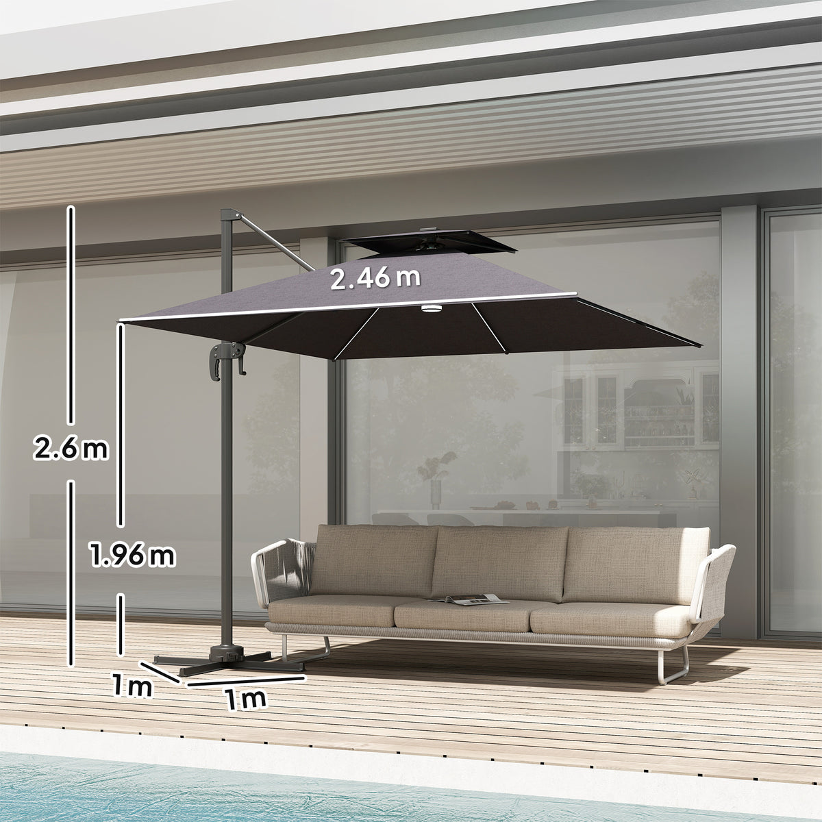 Outsunny 2.5m Cantilever Parasol with Solar Powered LED Lights in Dark Grey