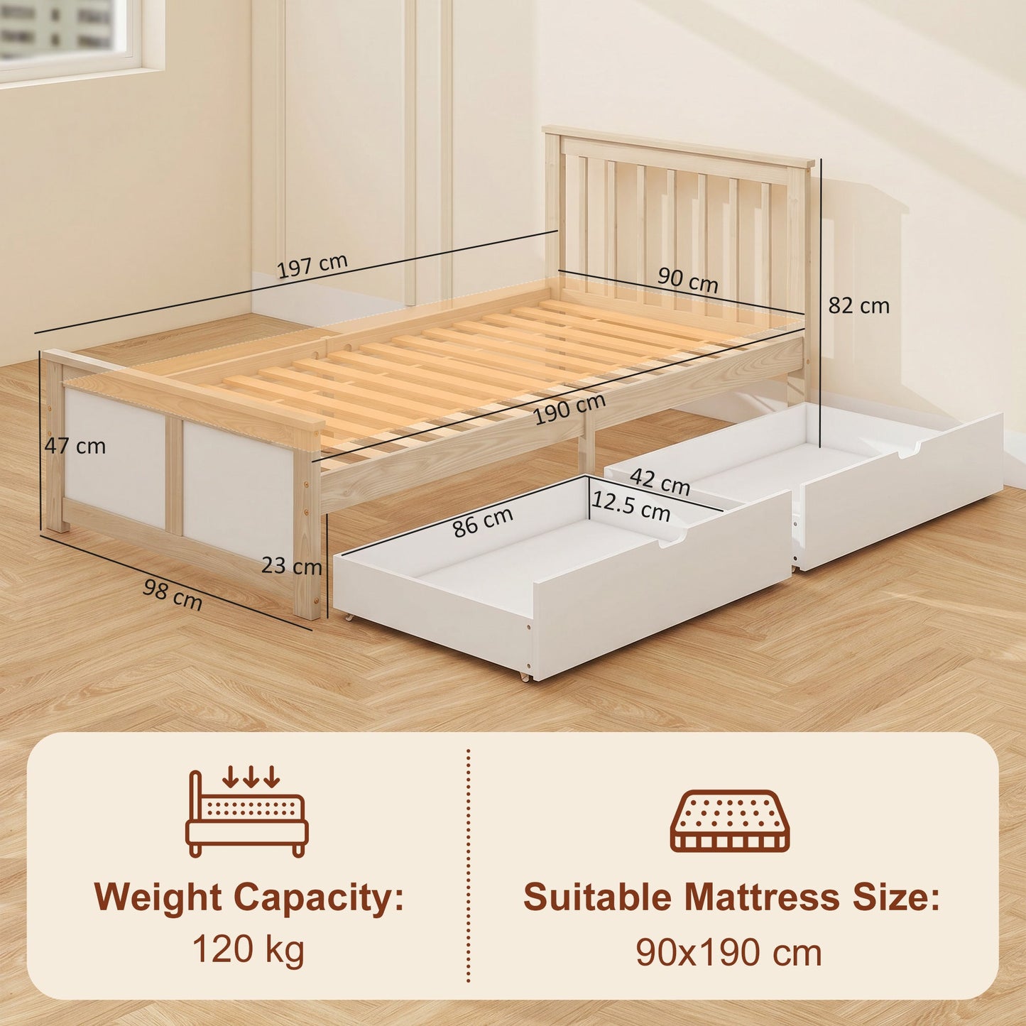 HOMCOM Pine Storage Bed, 3ft Single Solid Wooden Bed Frame with Drawers, Headboard, Wood Slat Support, Natural Wood Finish