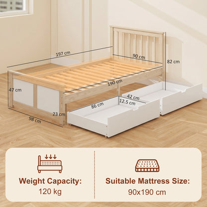 HOMCOM Pine Storage Bed, 3ft Single Solid Wooden Bed Frame with Drawers, Headboard, Wood Slat Support, Natural Wood Finish