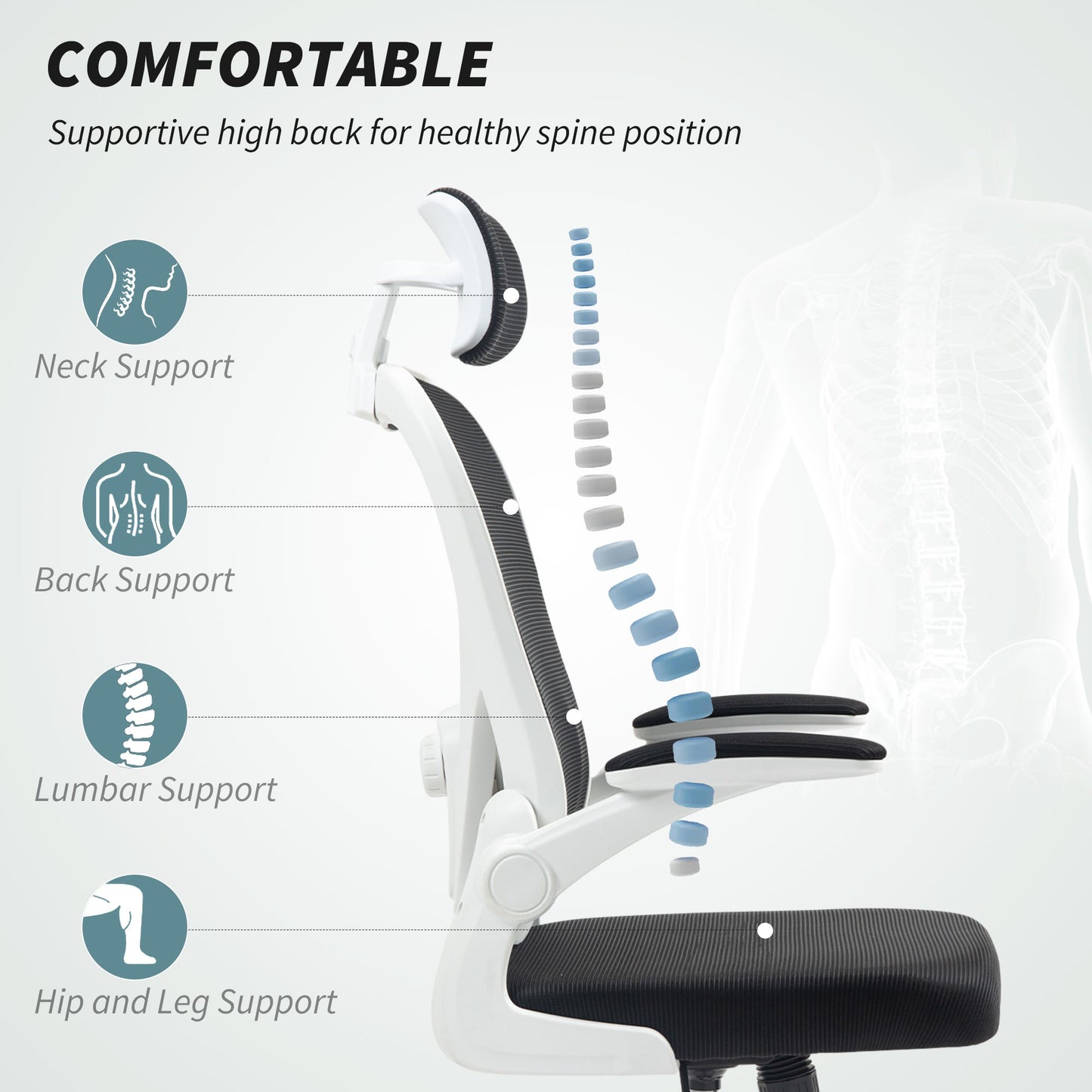 HOMCOM Executive Office Chair, Ergonomic Mesh High Back Desk Chair with Flip-up Armrest, Rotatable Headrest, Adjustable Lumbar Support for Home Study, Black