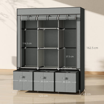 HOMCOM Fabric Wardrobe for Bedroom, Portable Wardrobe with 5 Shelves, 2 Hanging Rails and 3 Fabric Drawers, Foldable Closet, 125 x 43 x 162.5cm, Light Grey