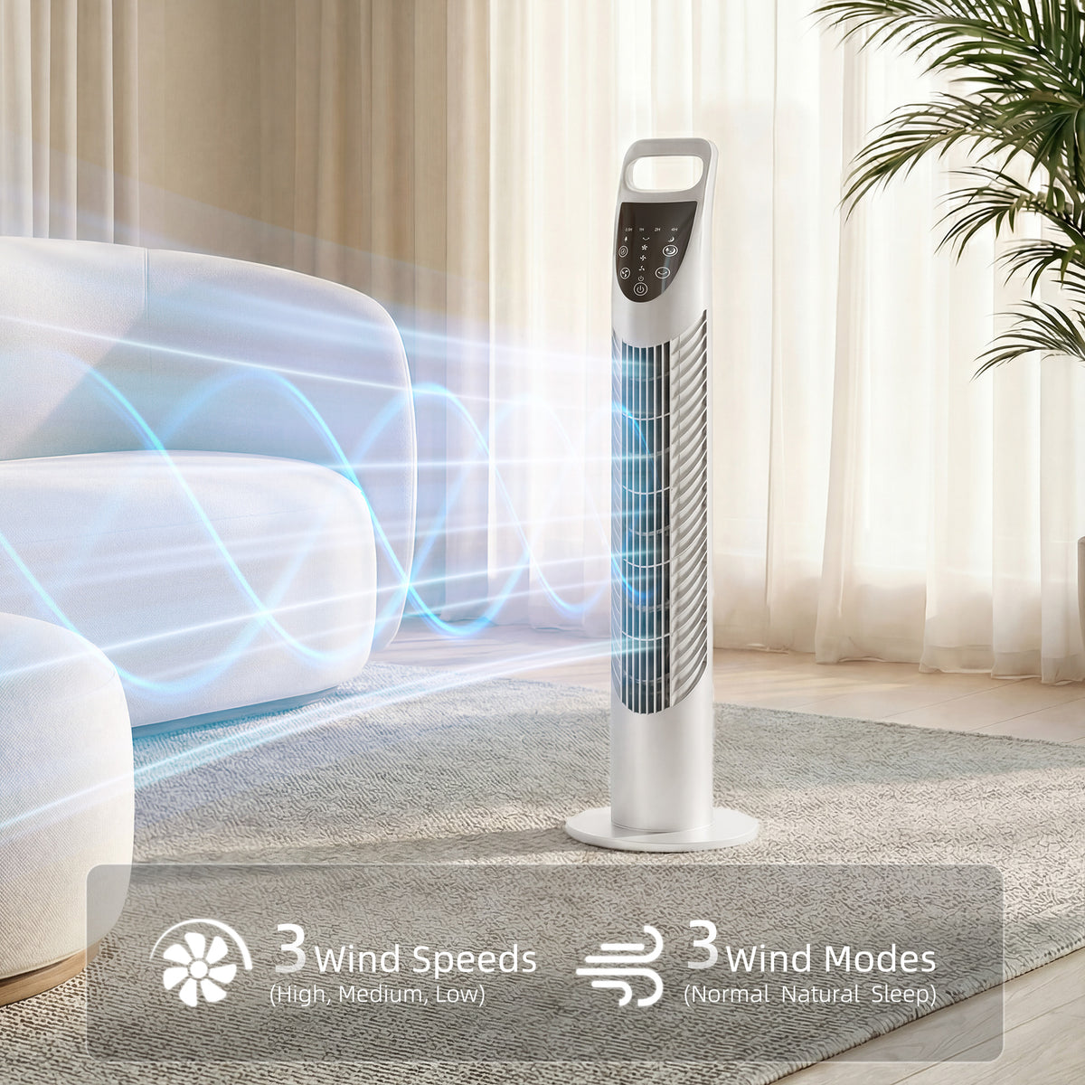 HOMCOM Tower Fan Oscillating 3 Speeds 3 Winds in White
