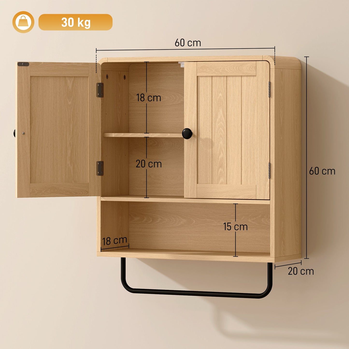 HOMCOM Bathroom Cabinet Wall Mounted, Bathroom Wall Cabinet with 2 Doors, Adjustable Shelf Storage for Toilet, Oak
