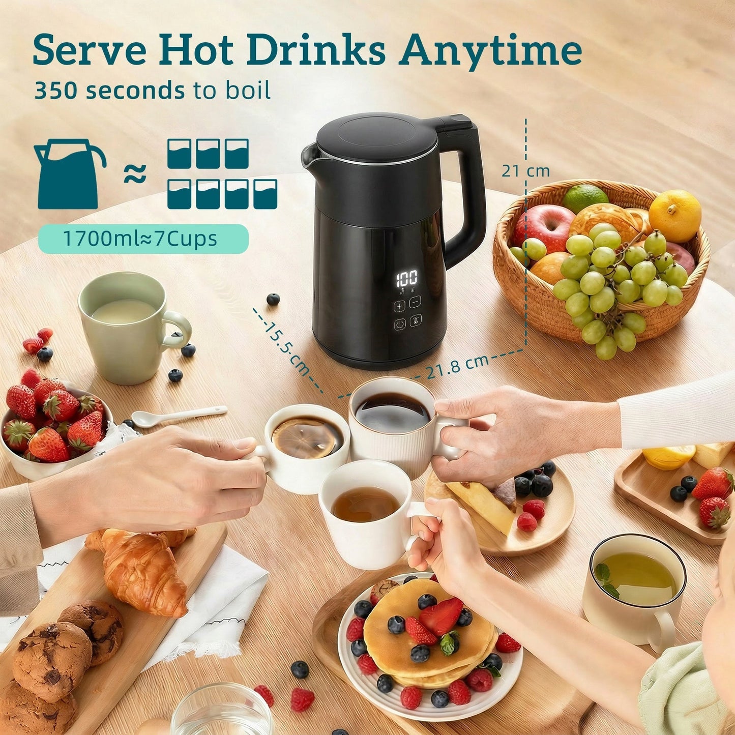 HOMCOM Electric Kettle, 1.7L Fast Boil 3kW Water Kettle with UK Strix Thermostat, LED Display, Keep Warm Function, Black