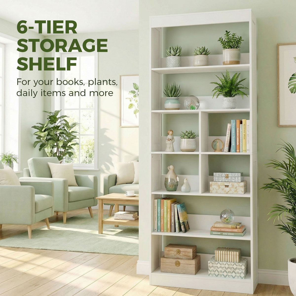 HOMCOM Bookcase, 6-Tier Bookshelf with Open Storage Shelves, Cubes, 180 cm Tall Display Shelf with Anti-Tipping Design, White