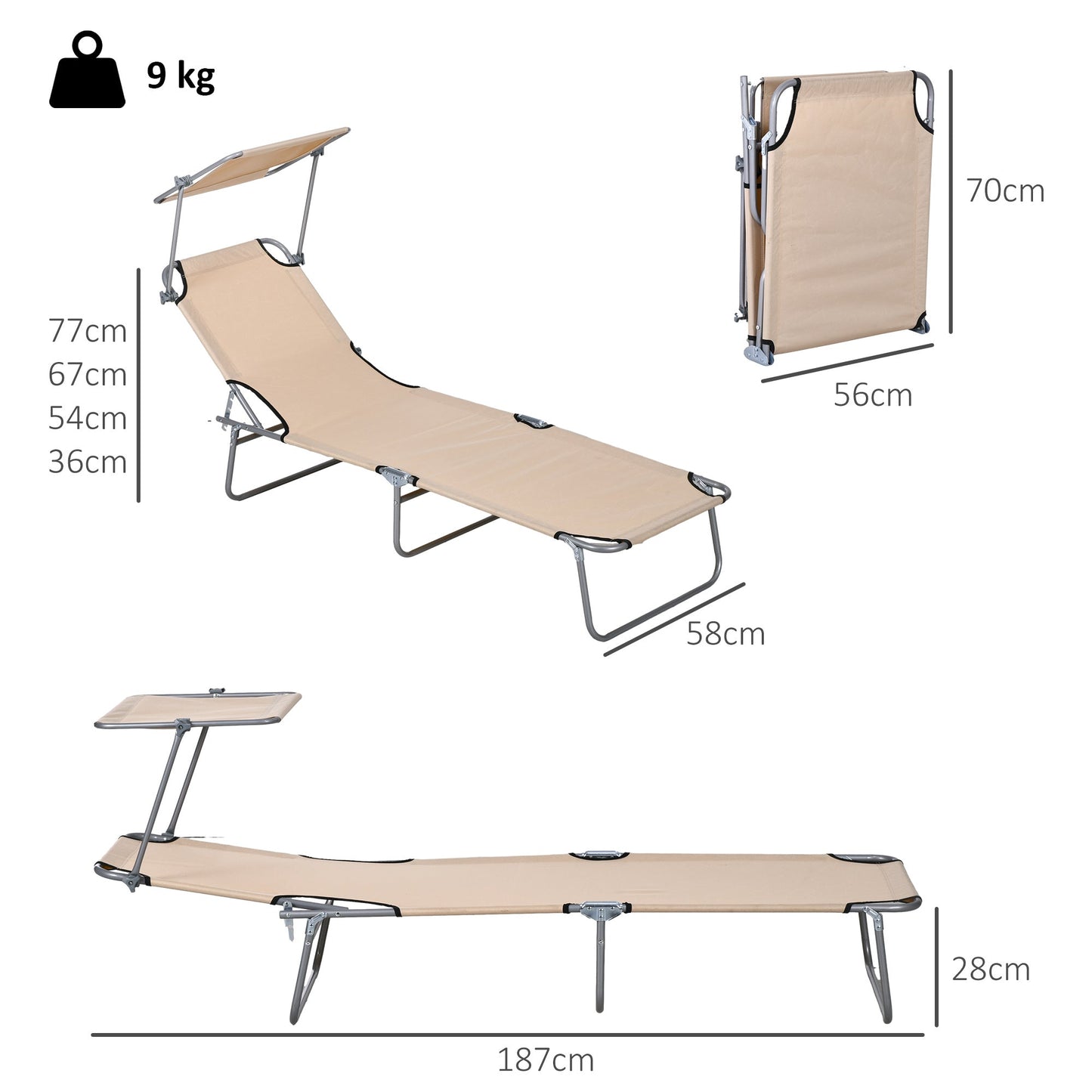 Outsunny Outdoor Foldable Sun Lounger Set of 2, 4 Level Adjustable Backrest Reclining Sun Lounger Chair with Angle Adjust Sun Shade Awning for Beach, Garden, Patio, Sand