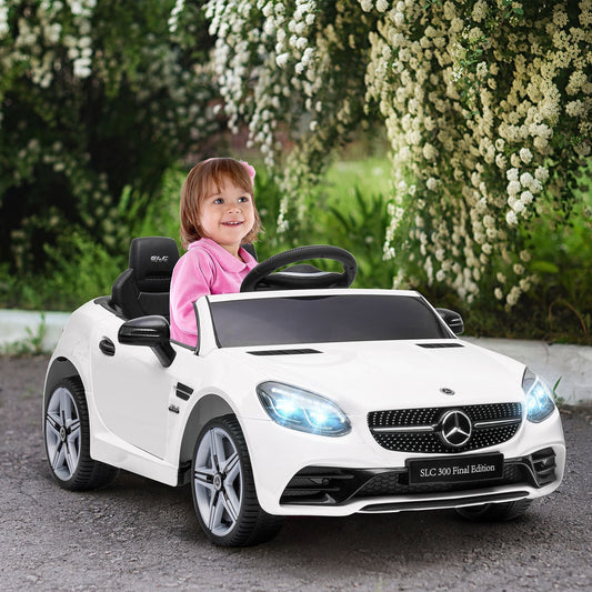 HOMCOM Benz SLC 300 مرخصة بجهد 12 فولت للأطفال، سيارة كهربائية للركوب مع موسيقى، وجهاز تحكم عن بعد، ومصابيح أمامية LED، وبوق، لون أبيض