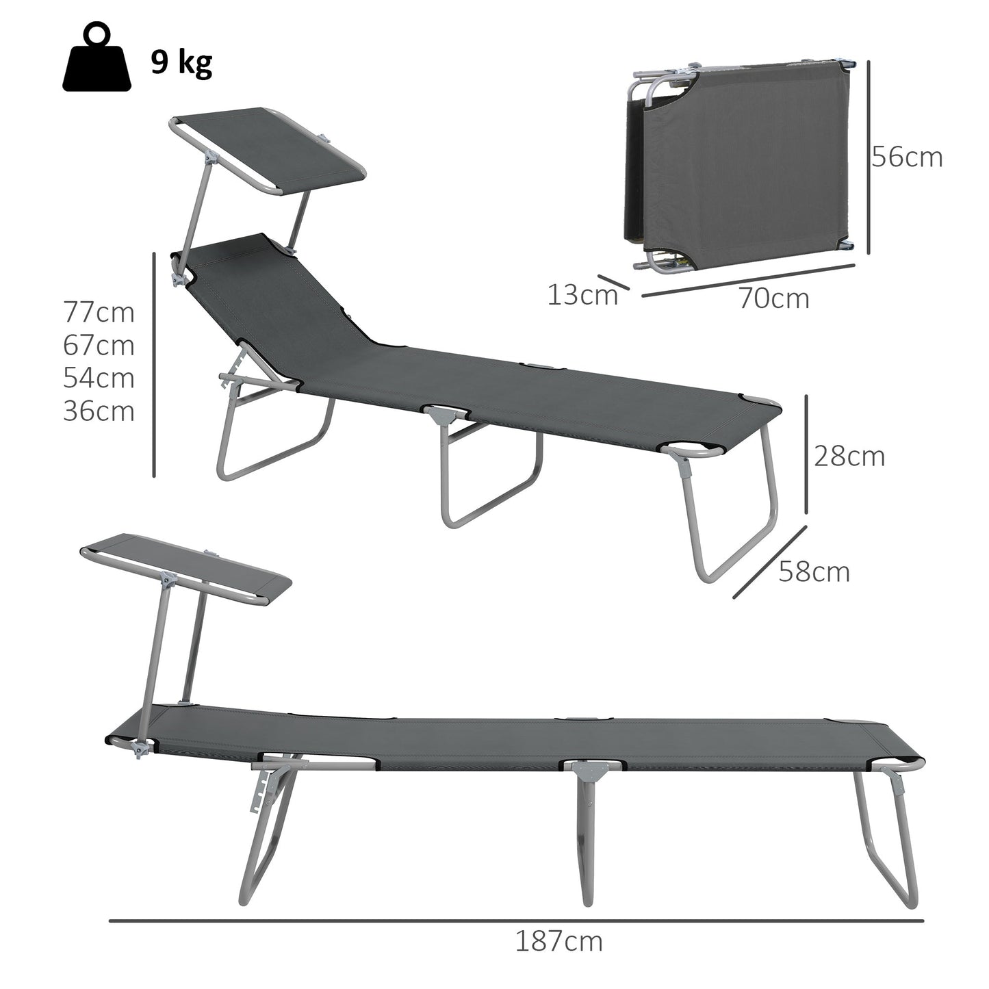 Outsunny Folding Sun Lounger Set of 2 with Canopy, Reclining Sunbed with 4-Position Adjustable Backrest, 600D Oxford Cloth, Portable Garden Lounger Recliner Chair for Beach, Camping, Patio, Grey