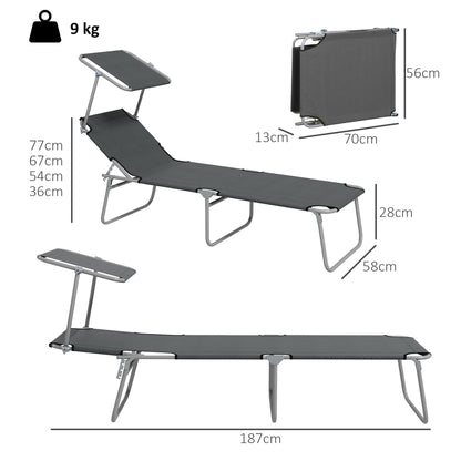 Outsunny Folding Sun Lounger Set of 2 with Canopy, Reclining Sunbed with 4-Position Adjustable Backrest, 600D Oxford Cloth, Portable Garden Lounger Recliner Chair for Beach, Camping, Patio, Grey