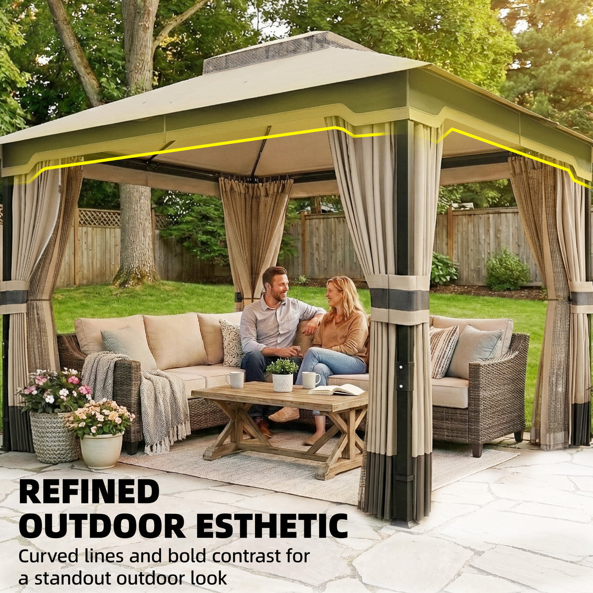 Outsunny Outdoor Garden Gazebo with Netting and Curtains in Khaki