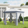 Outdoor gazebo with curtains in a garden setting