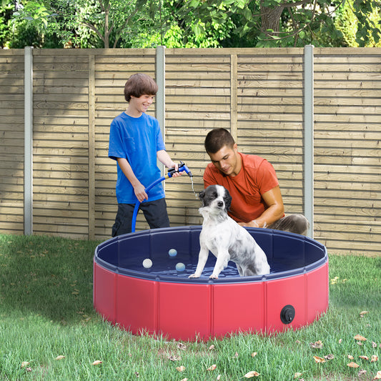 PawHut Foldable Dog Pool, 80 x 20 cm Pet Paddling Pool with Wood Board Support and Anti-Slip Bottom, Portable Doggy Paddling Pool for Garden and Outdoor Use, Red