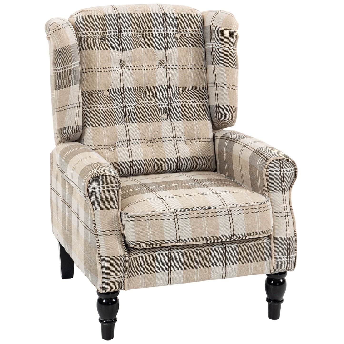 HOMCOM Wingback Accent Chair, Linen-Look Fabric Armchair with Thick Spring Cushion, High Back, Khaki Plaid