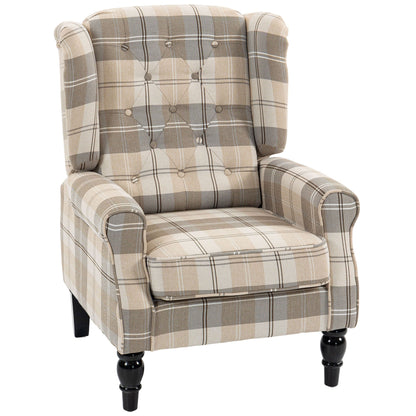 HOMCOM Wingback Accent Chair, Linen-Look Fabric Armchair with Thick Spring Cushion, High Back, Khaki Plaid