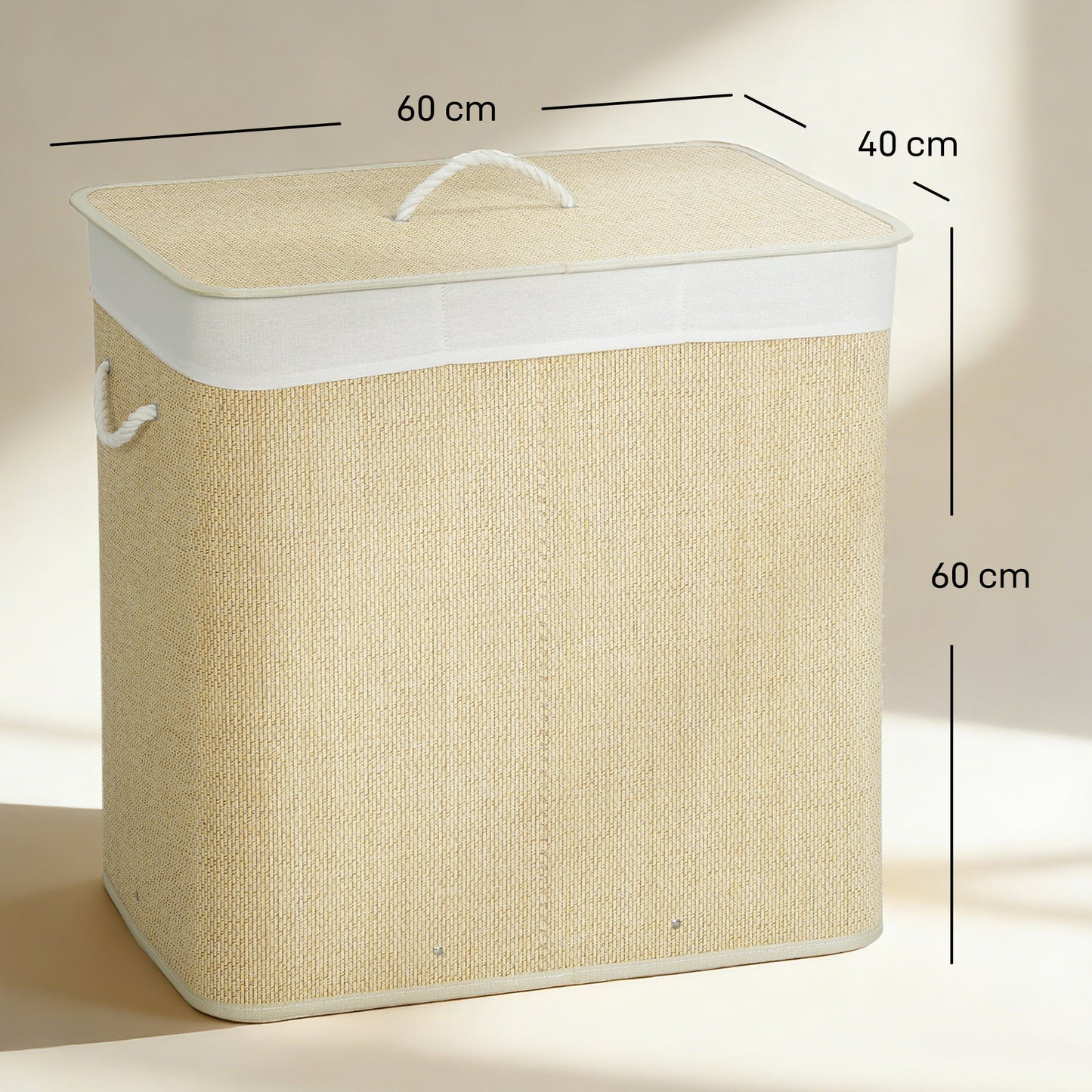 HOMCOM 3 Section Laundry Basket with Lid, 144L Bamboo Laundry Hamper with Handles, Removable and Washable Liner, Cream White