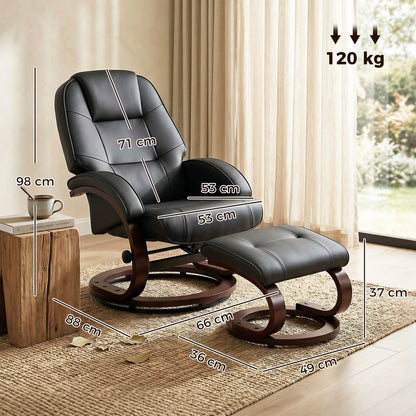 HOMCOM Swivel Recliner Chair with Footstool, PU Leather Recliner Armchair with Adjustable Back and Wood Frame, Black