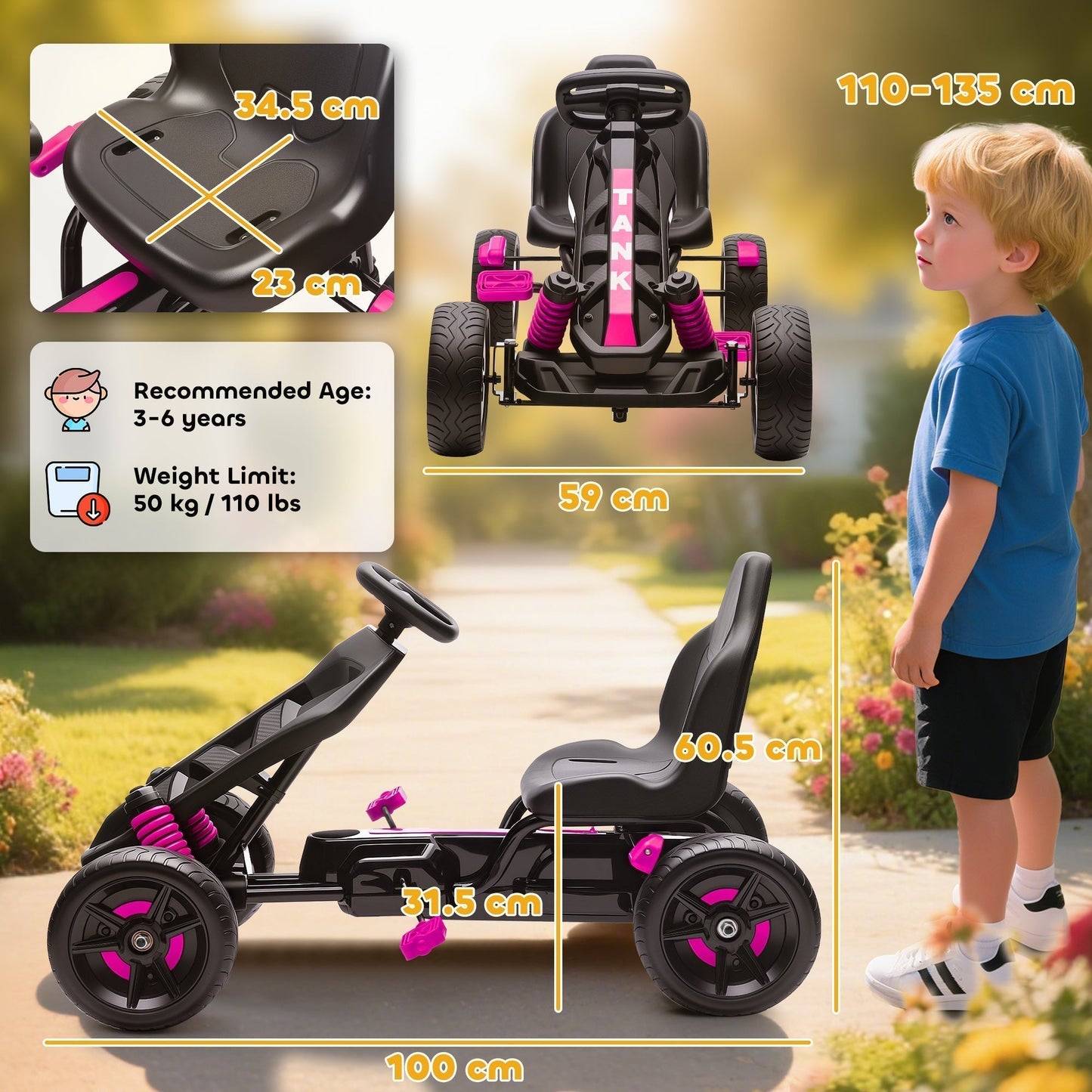 AIYAPLAY Pedal Go Kart for Kids Aged 3-6 Years, with Freewheel System, Brake, EVA Anti-Slip Wheels, Pink