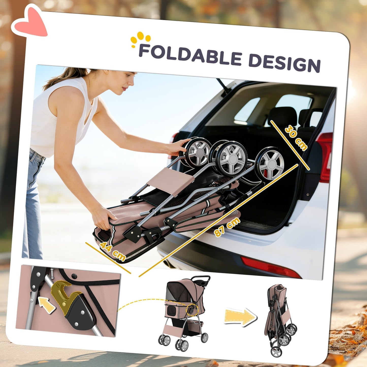 PawHut Dog Pram, Pet Stroller with Reflective Strips, Foldable Cat Stroller with 360 degrees Swivel Wheels, Brown