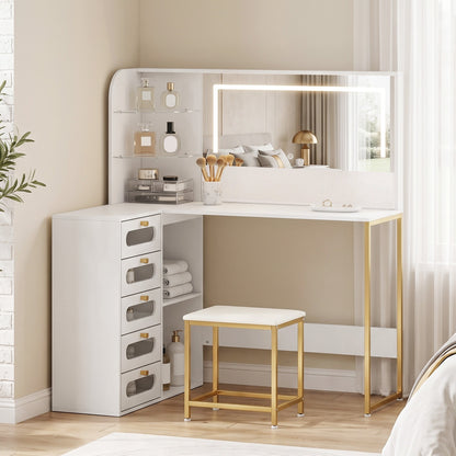 HOMCOM Dressing Table with LED Mirror and Stool, L-Shaped Vanity Desk with Drawers and Shelves, White