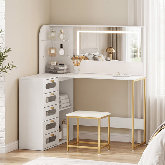 HOMCOM Dressing Table with LED Mirror and Stool, L-Shaped Vanity Desk with Drawers and Shelves, White
