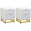 HOMCOM Bedside Table with 2 Drawers, Side Table, Bedside Cabinet with Steel Frame for Living Room, Bedroom, Set of 2, Grey and White