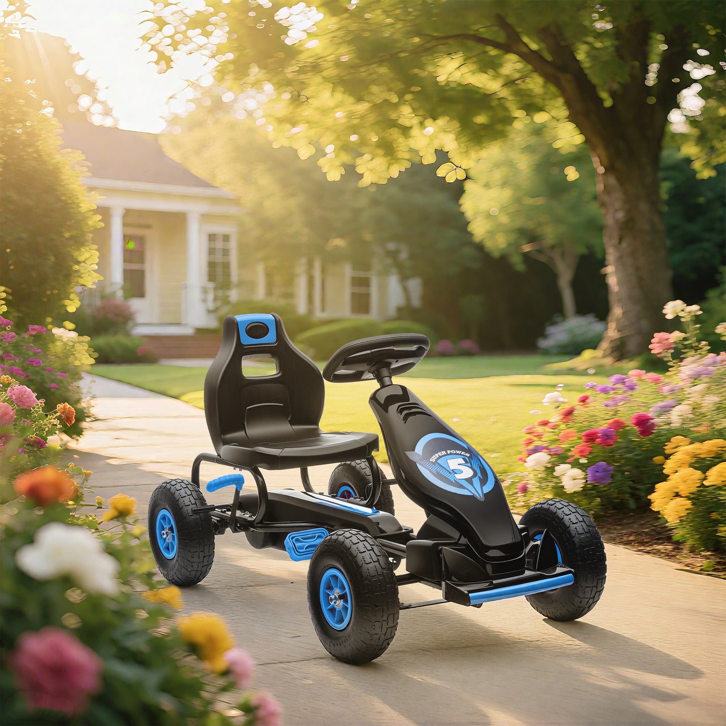 HOMCOM Kids Pedal Go Kart, with Adjustable Seat, Inflatable Tyres - Blue
