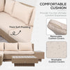 Outsunny 4 Pieces Rattan Garden Furniture Set, Garden Corner Sofa with Side Trays, Wicker Conservatory Furniture Set with Loveseats, Slatted Plastic Top Coffee Table and Cushions, Beige