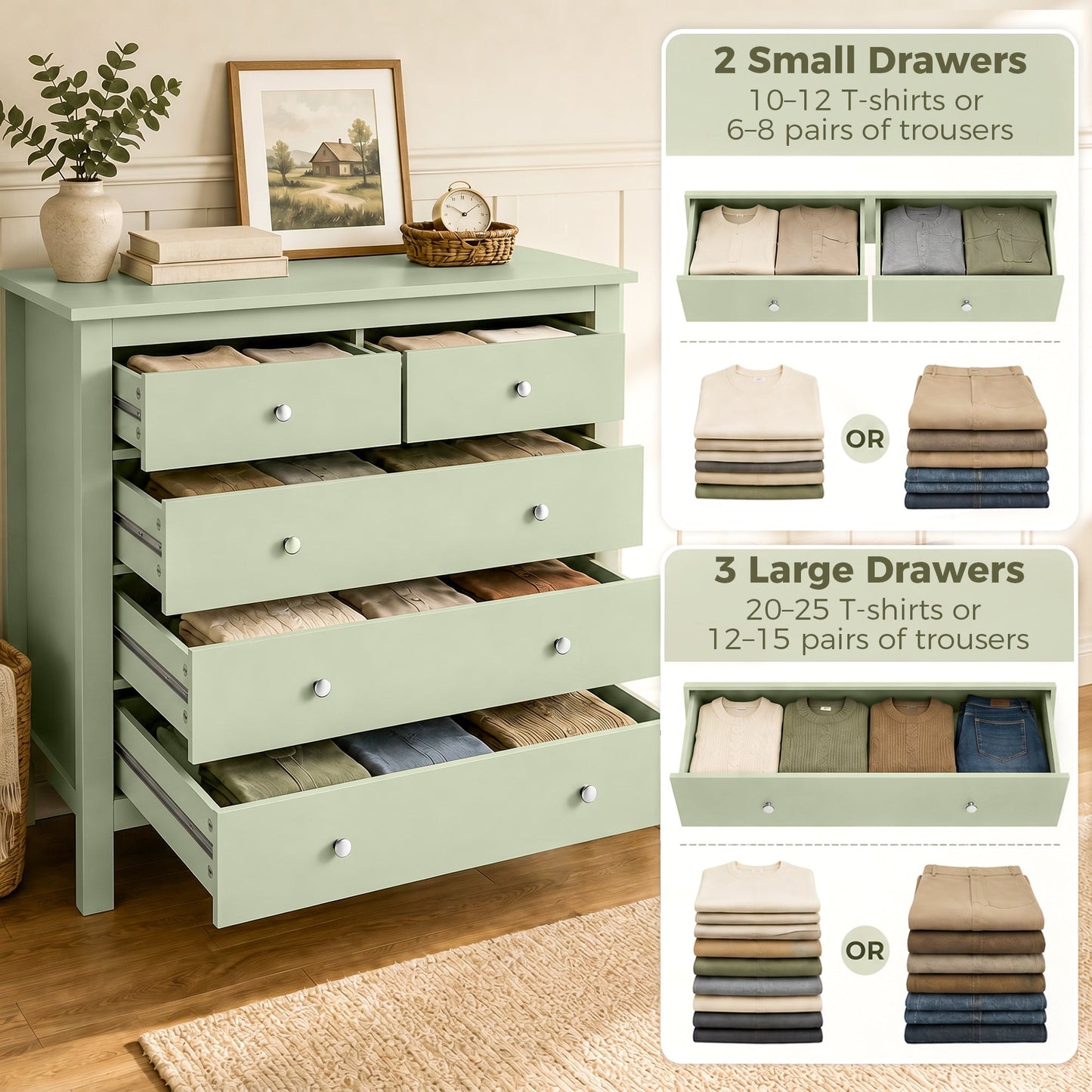 HOMCOM 5 Drawer Dresser for Bedroom, Modern Chest of Drawers, Wide Storage Unit for Living Room, Hallway, Sage Green