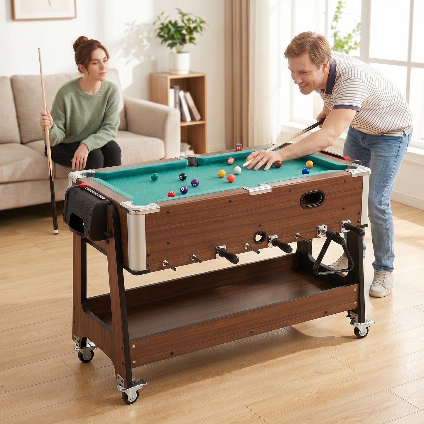SPORTNOW 3 in 1 Multi Game Table, 3.4ft Reversible Air Hockey Pool Football Games Table with Lockable Wheels, Storage Shelf