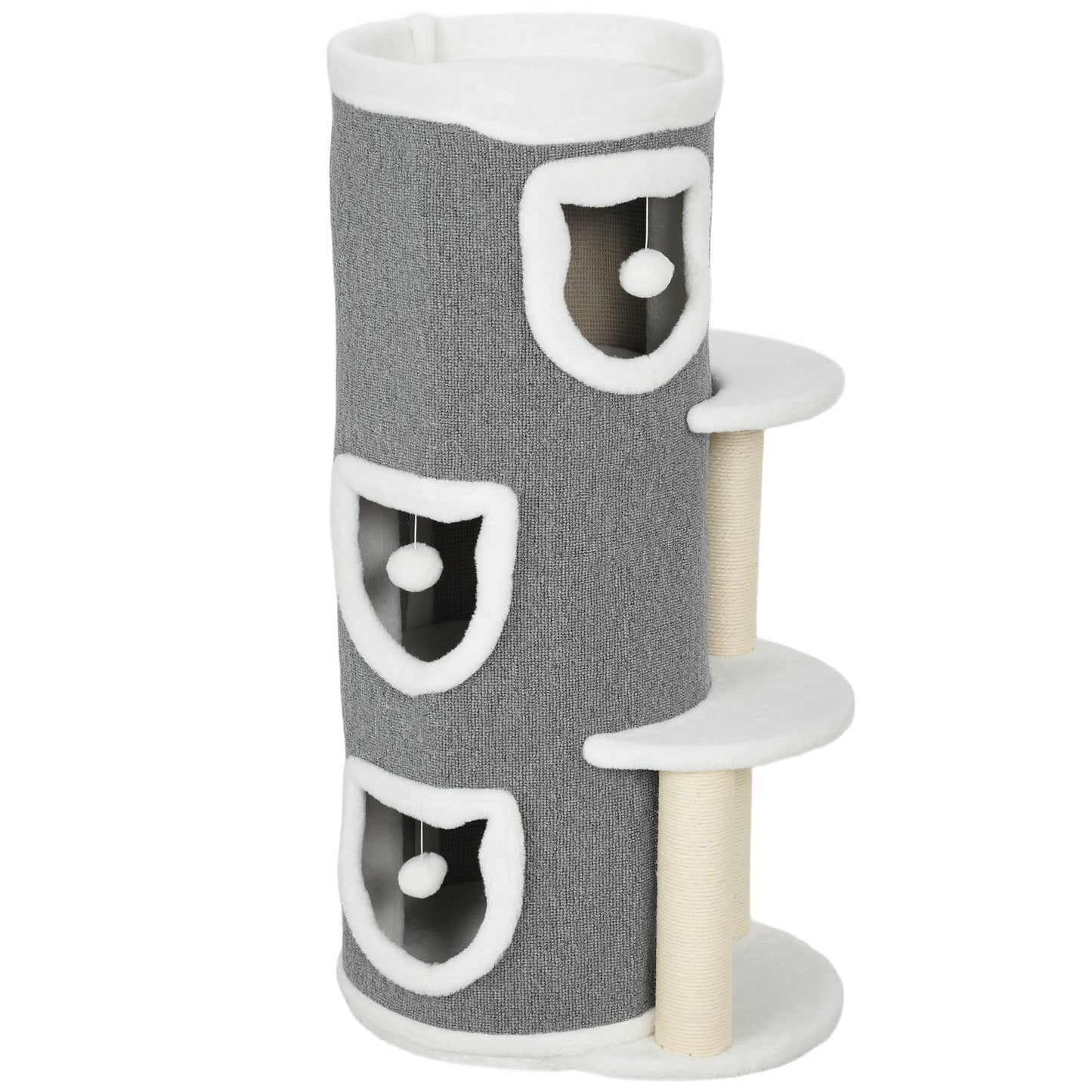 PawHut 101 cm Cat Tree with Sisal Scratching Posts, 3 Barrel Condos, 3 Platforms, for Indoor Cats to Rest and Play