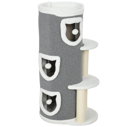 PawHut 101 cm Cat Tree with Sisal Scratching Posts, 3 Barrel Condos, 3 Platforms, for Indoor Cats to Rest and Play