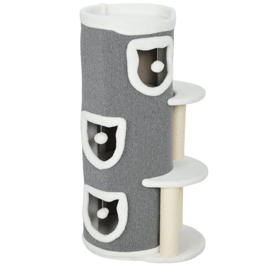 PawHut 101 cm Cat Tree with Sisal Scratching Posts, 3 Barrel Condos, 3 Platforms, for Indoor Cats to Rest and Play