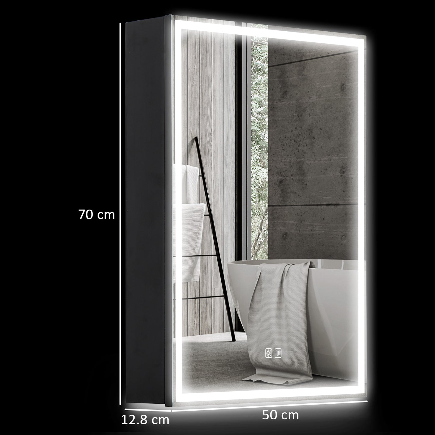 HOMCOM Bathroom Mirror Cabinet with LED Lights and Shaver Socket, 500 x 700 mm Wall Mounted Bathroom Cabinet with Mirror, Demister Pad, Dimmer, 3 Colours, Medicine Cabinet, Black