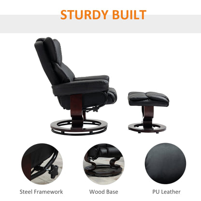 HOMCOM 360 degrees Swivel Recliner Chair with Footstool, PU Leather Manual Recliner Armchair with Footstool, Solid Wood Base, Upholstered Reclining Chair for Living Room, Bedroom, Office, Black