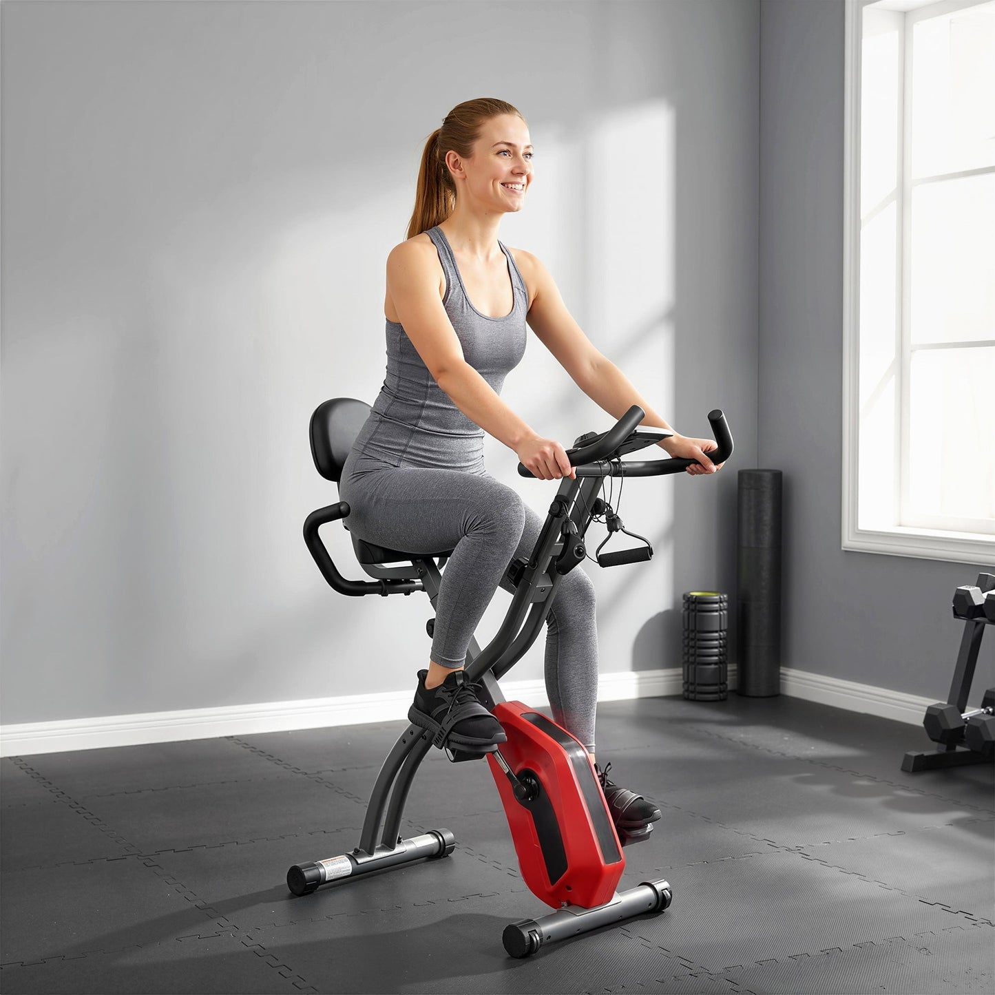 SPORTNOW 3-In-1 Folding Exercise Bike with Resistance Bands, Bluetooth App, 8-Level Magnetic Resistance, LCD Display, Red