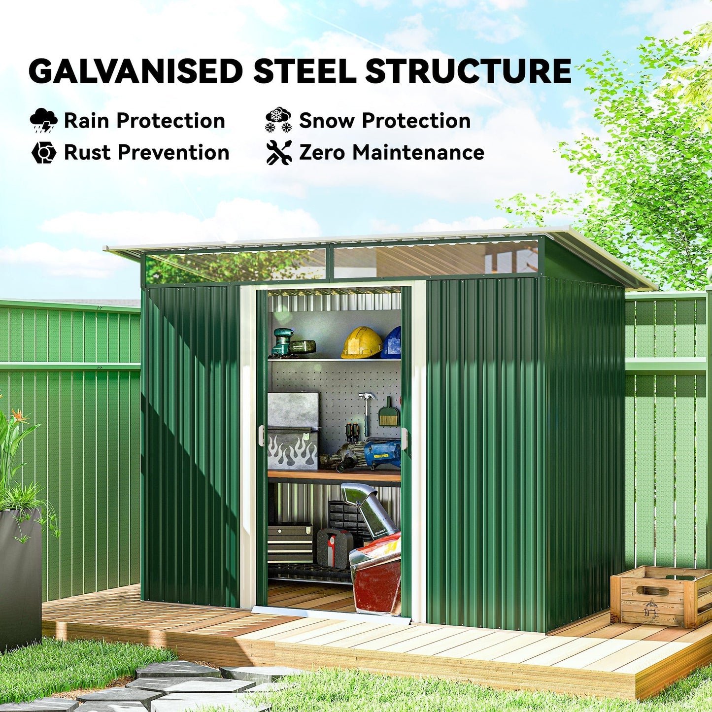 حظيرة خارجية معدنية Outsunny مقاس 8.5 × 4 قدم مع ألواح Sky Light، منزل تخزين أدوات للحديقة ببابين للحديقة والفناء والمسطح الأخضر، أخضر