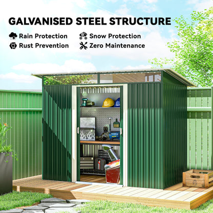 حظيرة خارجية معدنية Outsunny مقاس 8.5 × 4 قدم مع ألواح Sky Light، منزل تخزين أدوات للحديقة ببابين للحديقة والفناء والمسطح الأخضر، أخضر