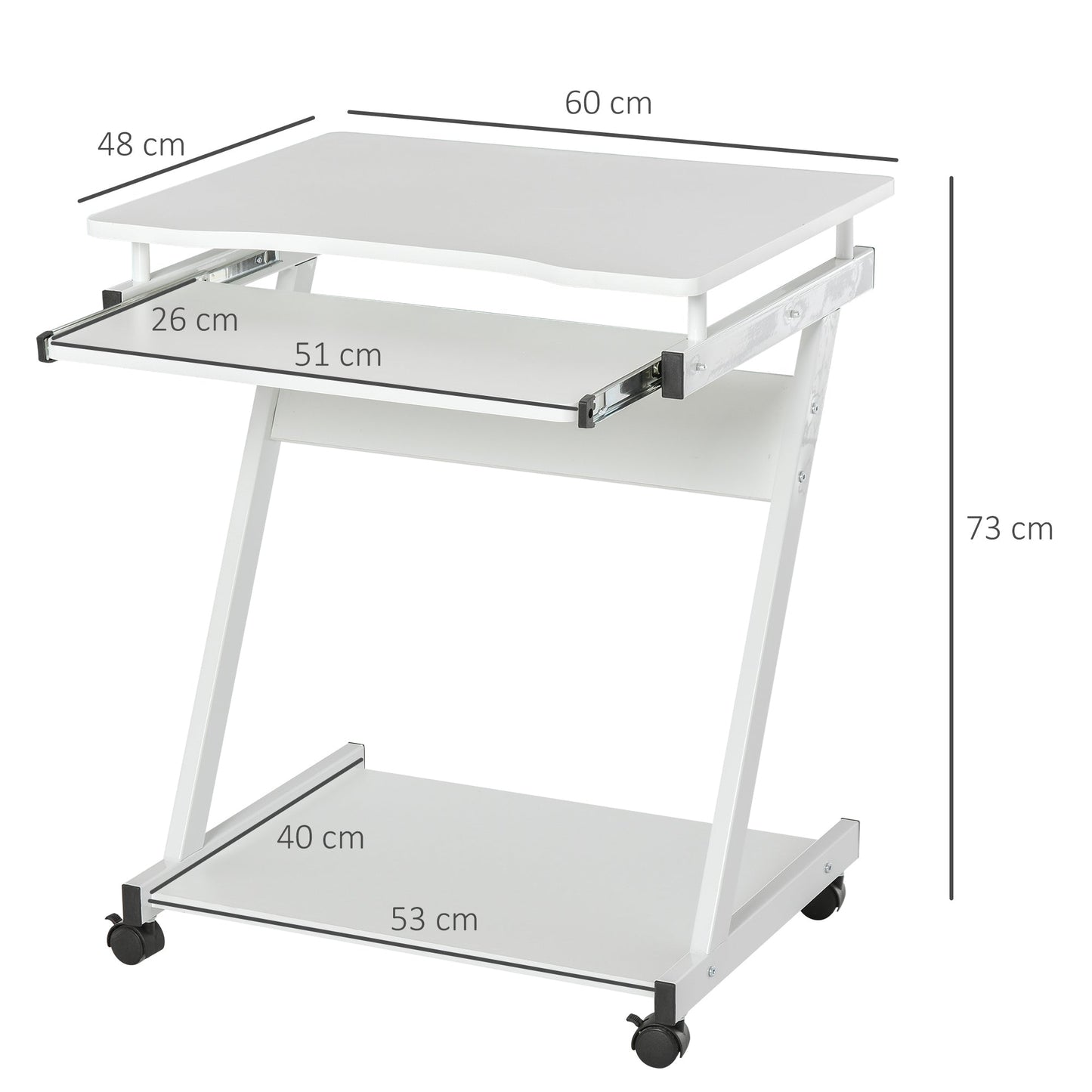 HOMCOM Mobile Computer Desk, Z-Shaped Writing Desk, PC Table for Small Spaces, Workstation with 4 Wheels & Sliding Keyboard for Home Office, Easy Assembly, White