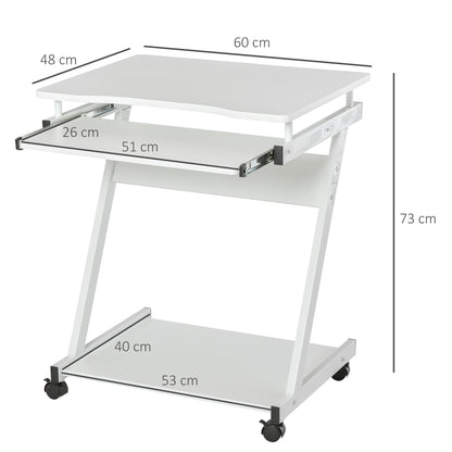 HOMCOM Mobile Computer Desk, Z-Shaped Writing Desk, PC Table for Small Spaces, Workstation with 4 Wheels & Sliding Keyboard for Home Office, Easy Assembly, White