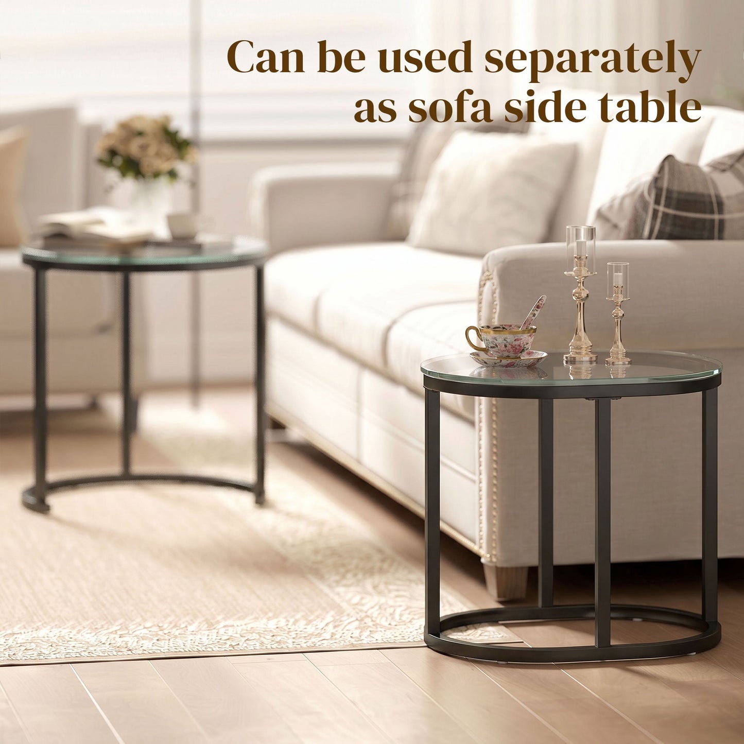 HOMCOM Nest of Tables with Steel Frame and Tempered Glass Tabletop, Modern Coffee Table Set of 2, Black