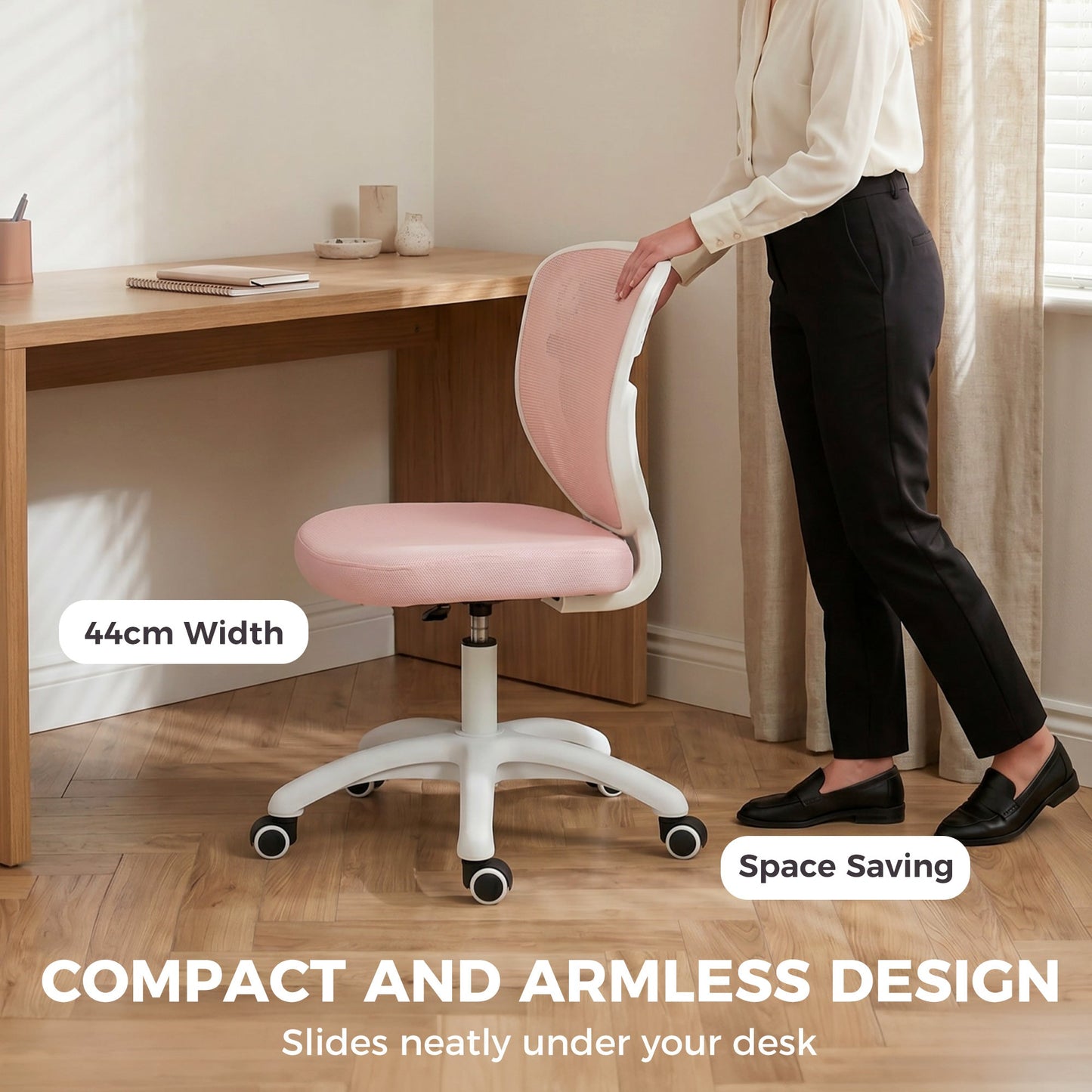 HOMCOM Office Chair, Armless Computer Desk Chair with Breathable Mesh, Adjustable Height, Swivel Wheels, Pink