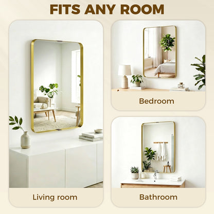 HOMCOM Rectangular Wall Mirror, 90 x 60 cm Wall Mounted Bathroom Mirror w/ Aluminium Alloy Frame and Tempered Glass, Gold Tone