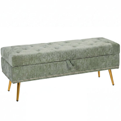 HOMCOM Storage Ottoman, Chenille Upholstered Ottoman Storage Box with Padded Seat, Metal Legs, 114 x 41 x 45 cm, Light Green
