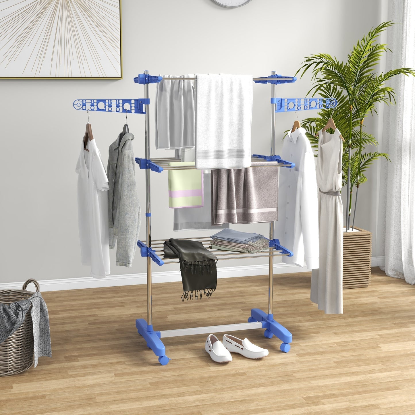 HOMCOM Three-Shelf Collapsing Clothes Horse, With Side Arms and Wheels - Blue