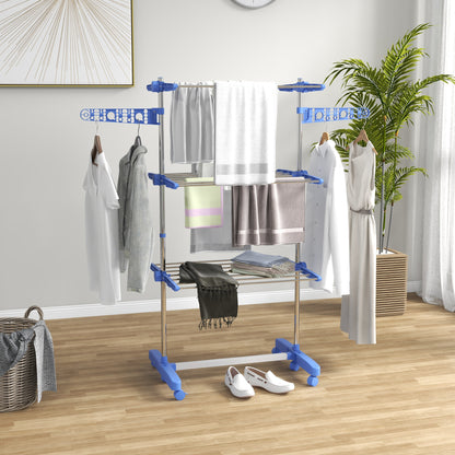 HOMCOM Three-Shelf Collapsing Clothes Horse, With Side Arms and Wheels - Blue