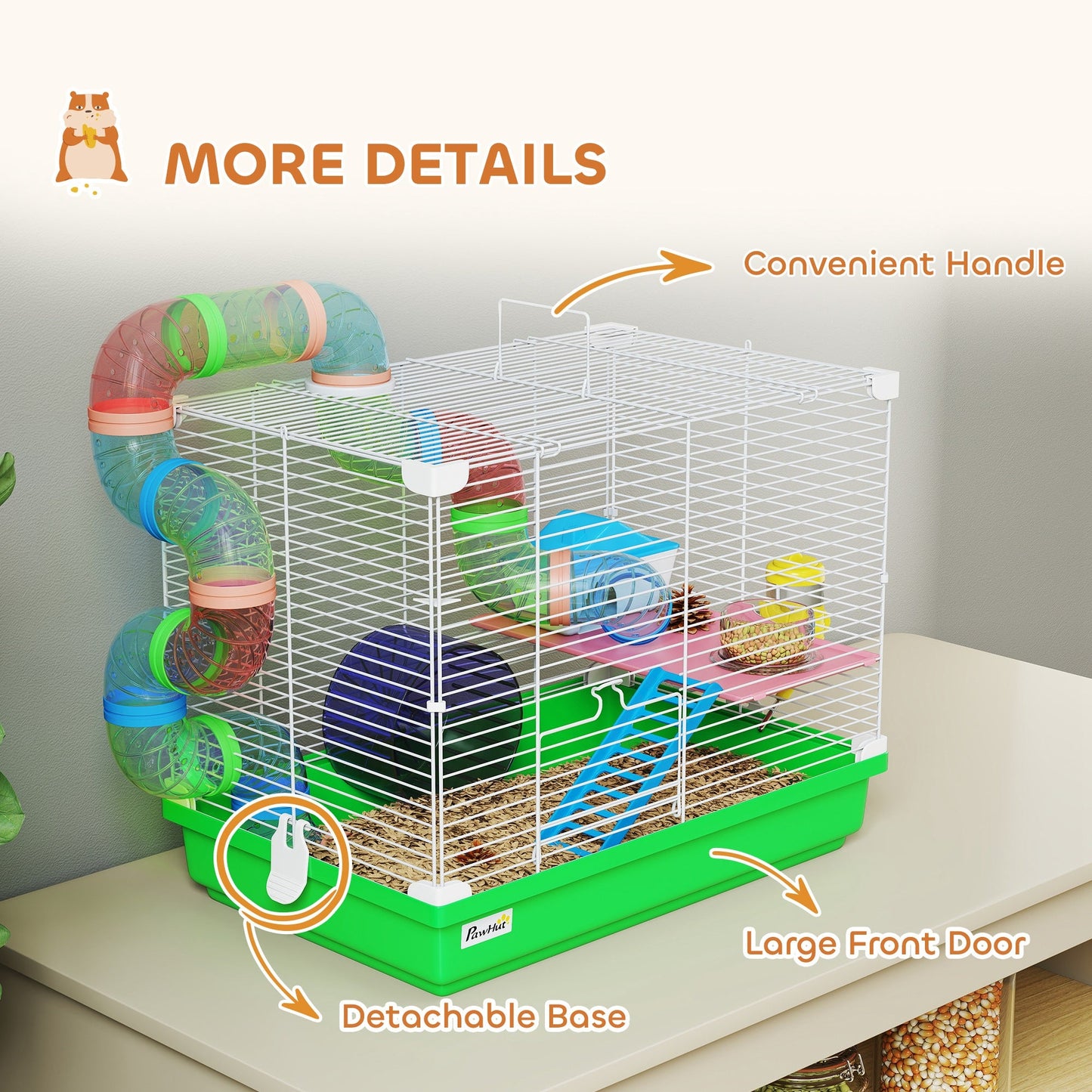 PawHut 2 Tier Hamster Cage, Gerbil Cage with Handle, Exercise Wheels, Tunnel, Water Bottle, Dishes, Ladder, for Dwarf